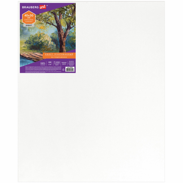 Холст на подрамнике BRAUBERG ART DEBUT, 40х50см, грунтованный, 100% хлопок, мелкое зерно, 191024 - Холсты