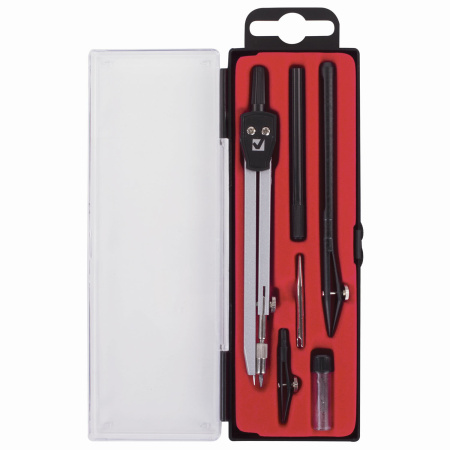 Готовальня BRAUBERG "Architect", 6 предметов: циркуль, рейсфедер + вставка + держатель, игольная вставка, грифель, 210342 - Циркули и готовальни