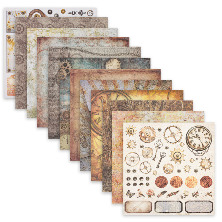 Бумага для скрапбукинга 30х30 см "Стимпанк", двусторонняя, 12 листов, 12 дизайнов, 180 г/м2, ОСТРОВ СОКРОВИЩ, 662769 - Наборы бумаги