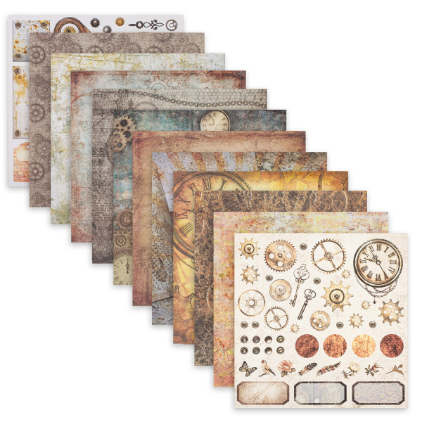 Бумага для скрапбукинга 30х30 см "Стимпанк", двусторонняя, 12 листов, 12 дизайнов, 180 г/м2, ОСТРОВ СОКРОВИЩ, 662769 - Наборы бумаги
