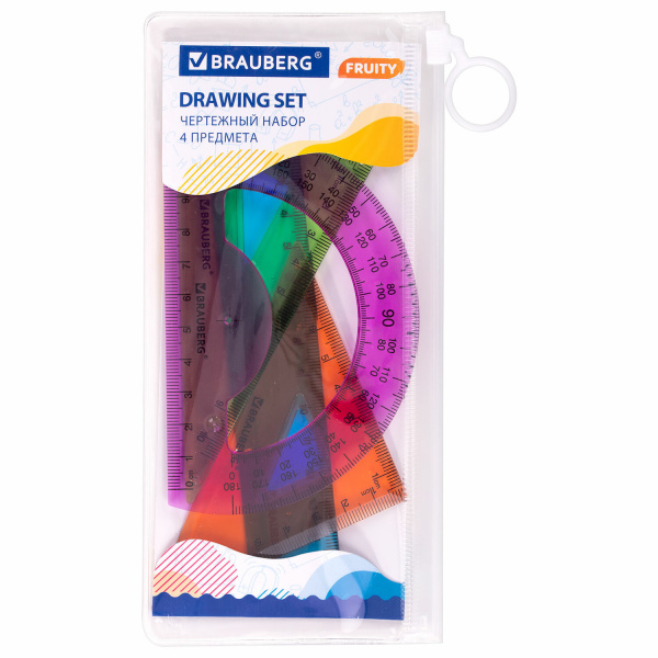 Набор чертежный малый BRAUBERG "FRUITY" (линейка 15 см, 2 треугольника, транспортир), ассорти, пенал, 210770 - Наборы чертежные