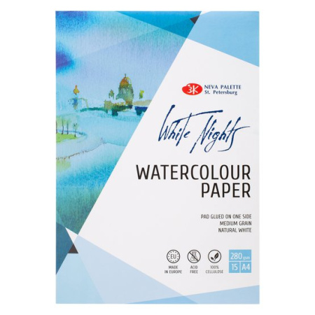 Альбом-склейка для акварели "White Nights", А4, плотность 280 г/м2, 15 листов, 100% целлюлоза, среднее зерно