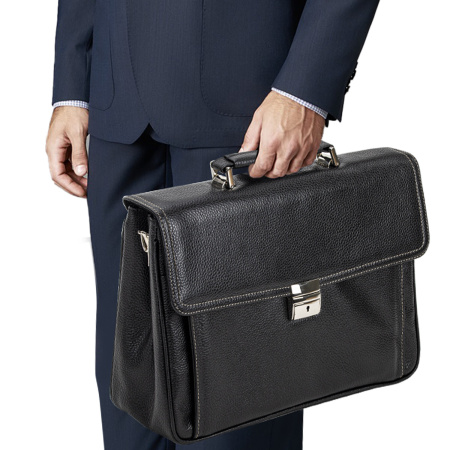 Портфель из натуральной кожи, 38х27х12 см, 2 отделения, замок с ключом, черный, 2-237 - Портфели из кожи