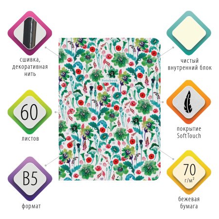 Тетрадь-скетчбук 60 л. обложка SoftTouch, бежевая бумага 70 г/м2, сшивка, В5 (179х250 мм), ЯГОДЫ, BRAUBERG, 403831 - Тетради более 60 листов