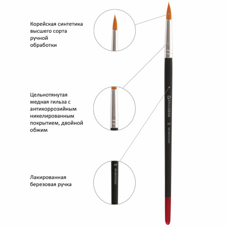 Кисти BRAUBERG, набор 5 шт. (синтетика, круглые № 1, 2, 3, 4, 5), блистер, 200218 - Кисти для рисования