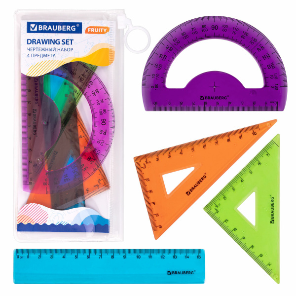 Набор чертежный малый BRAUBERG "FRUITY" (линейка 15 см, 2 треугольника, транспортир), ассорти, пенал, 210770 - Наборы чертежные