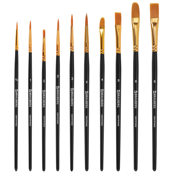 Кисти синтетика BRAUBERG, НАБОР 10 шт., черные (Круглые; Овальные; Плоские; Лайнеры), 201028 - Кисти для рисования