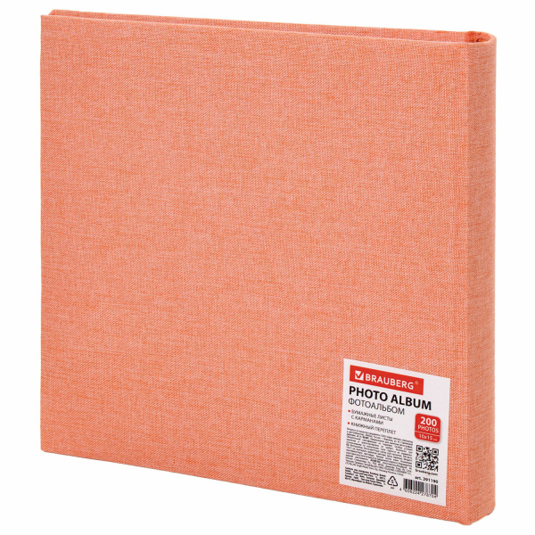 Фотоальбом BRAUBERG "Персик" на 200 фото 10х15 см, ткань, персиковый, 391190 - Фотоальбомы