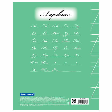 Тетрадь 12 л. BRAUBERG ЭКО "5-КА", косая линия, обложка плотная мелованная бумага, ЗЕЛЕНАЯ, 1 шт, 104762 - Тетради 12-24 листов