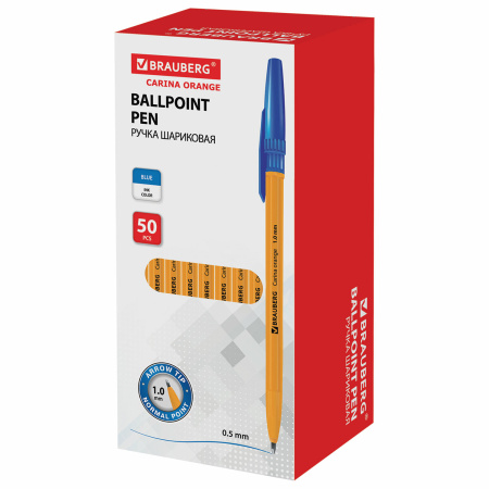 Ручка шариковая BRAUBERG "Carina Orange", СИНЯЯ, корпус оранжевый, узел 1 мм, линия письма 0,5 мм, 141668 - Ручки шариковые неавтоматические