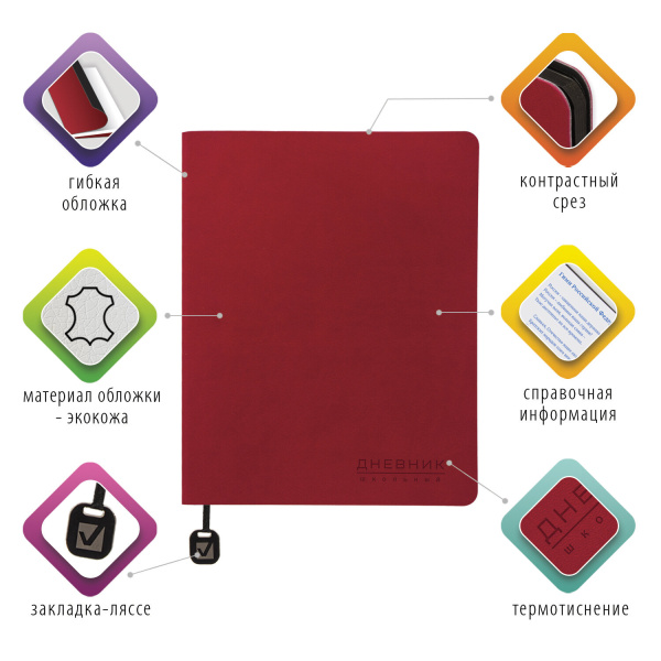 Дневник 1-11 класс 48 л., кожзам (гибкая), термотиснение, BRAUBERG "ORIGINAL", красный, 105964 - Дневники универсальные