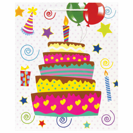 Пакеты подарочные 26x12,7x32,4 см, ЗОЛОТАЯ СКАЗКА "Именинный торт", ламинированные, 10 штук - Подарочные пакеты