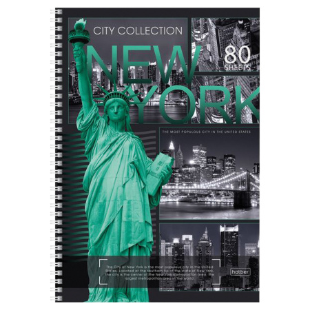 Тетрадь А4, 80 л., HATBER, спираль, клетка, выборочный лак, "CITY COLLECTION" ("ГОРОДА") (4 вида), 80Т4вмB1сп, T51177 - Тетради формата А4