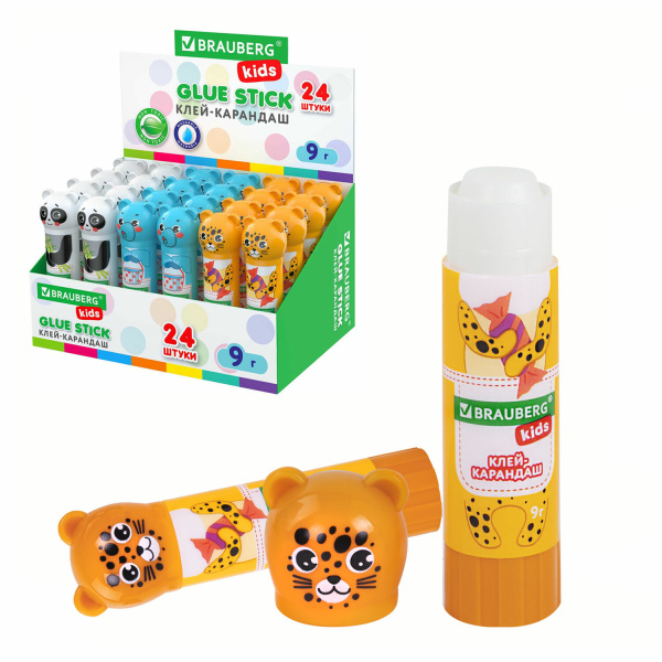 Клей-карандаш "Зверята: панда, слон, леопард", 9 г, фигурный колпачок, BRAUBERG KIDS, 271139 - Клей-карандаш