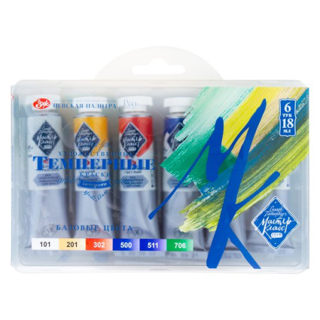 Мастер-Класс Набор темпера Basic colours,  в пластиковoм коррексе с европодвесом, 6 шт х 18мл
