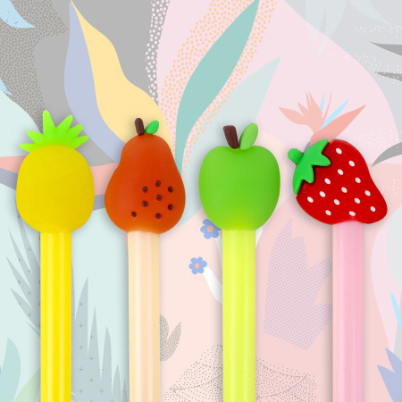 Ручка с топпером шариковая ЮНЛАНДИЯ "Фрукт", корпус ассорти, СИНЯЯ, пишущий узел 0,7 мм, 143810 - Ручки фигурные