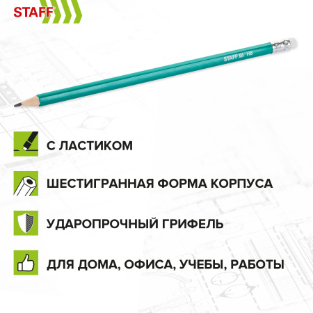 Карандаши чернографитные с ластиком STAFF EVERYDAY BLP-GRN, КОМПЛЕКТ 50 шт., НВ, корпус зеленый, 181941 - Карандаши чернографитные