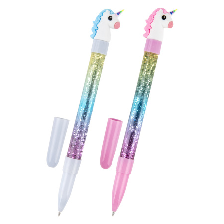 Ручка с топпером и блестками шариковая ЮНЛАНДИЯ "Единорог", детали ассорти, СИНЯЯ, пишущий узел 0,7 мм, 1 шт, 143791 - Ручки фигурные