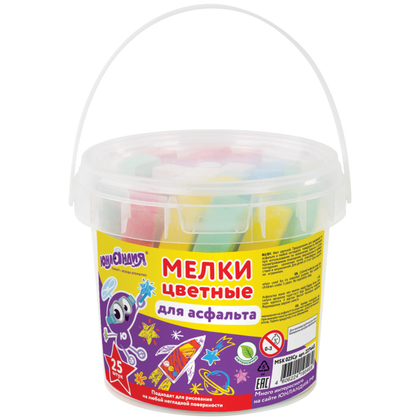 Мел цветной ЮНЛАНДИЯ, набор 25 штук, для рисования на асфальте, квадратный, пластиковое ведро, 227445 - Мелки