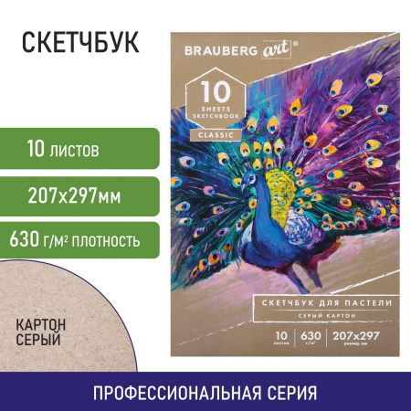Альбом для пастели, картон СЕРЫЙ некрашенный 630 г/м2, 207х297 мм, 10 л., BRAUBERG ART CLASSIC, 105916 - Альбомы и бумага для пастели