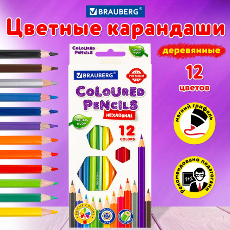 Карандаши цветные BRAUBERG PREMIUM, 12 цветов, шестигранные, грифель мягкий 3,3 мм, 181656 - Карандаши цветные