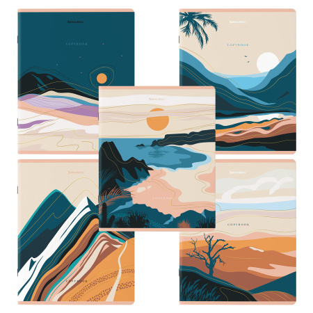 Тетради КОМПЛЕКТ 5 шт. А5, 48 л., BRAUBERG скоба, клетка, SoftTouch, фольга, "Mountains", 404400 - Тетради 40-48 листов