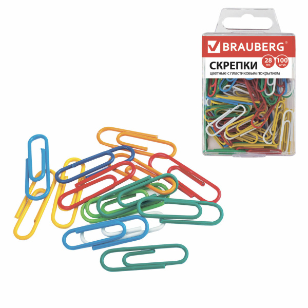 Скрепки BRAUBERG, 28 мм, цветные, 100 шт., в пластиковой коробке, 221111 - Скрепки канцелярские