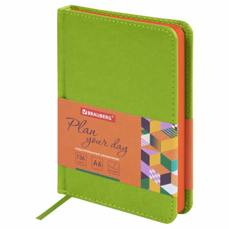 Ежедневник недатированный МАЛЫЙ ФОРМАТ 100х150 мм А6 BRAUBERG "Rainbow" под кожу, 136 л., зеленый, 111689