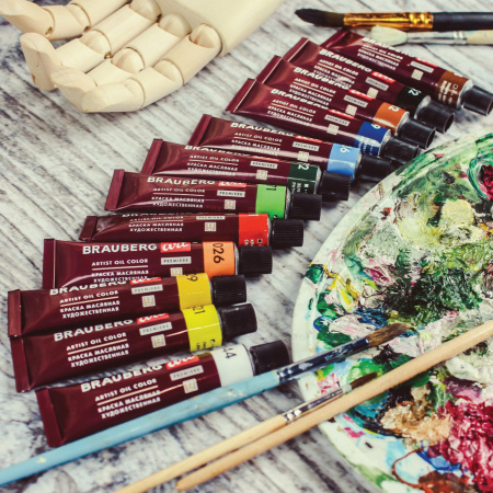Краски масляные художественные BRAUBERG ART PREMIERE, 12 цв. по 12 мл, в тубах, 191455 - Масляные краски художественные в наборах