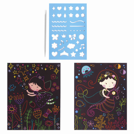 Гравюра магическая "Русалка и фея", А5, 2 основы в комплекте, с трафаретом, ЮНЛАНДИЯ, 662691 - Гравюры