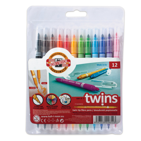 Фломастеры KOH-I-NOOR, 12 цветов, двухсторонние, 1 и 3 мм, смываемые, пластиковая упаковка, подвес, 771023AB02TE - Фломастеры классические