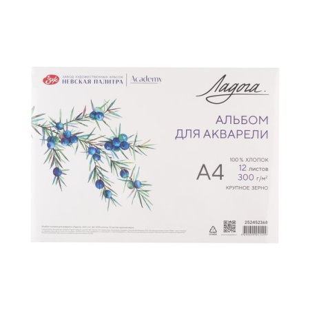 Альбом-склейка для акварели "Ладога", 300 г/м2, А4, 100% хлопок, 12 листов, крупное зерно