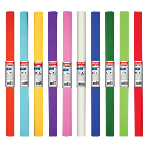 Бумага гофрированная/креповая, 32 г/м2, 50х250 см, АССОРТИ 10 цветов, BRAUBERG, 127151 - Цветная бумага