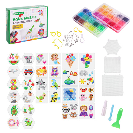 Аквамозаика 30 цветов 3000 бусин, с трафаретами, инструментами и аксессуарами, BRAUBERG KIDS, 664915 - Аквамозайка