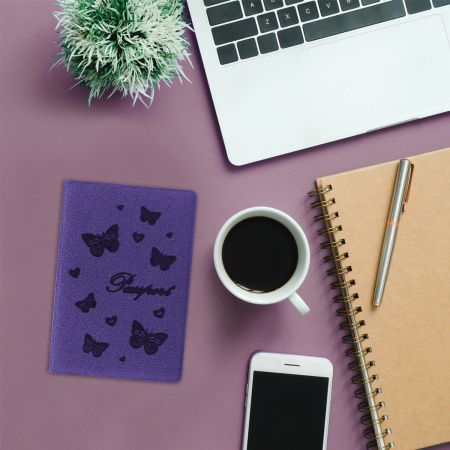 Обложка для паспорта STAFF, бархатный полиуретан, "Бабочки", фиолетовая, 237618 - Обложки для паспорта