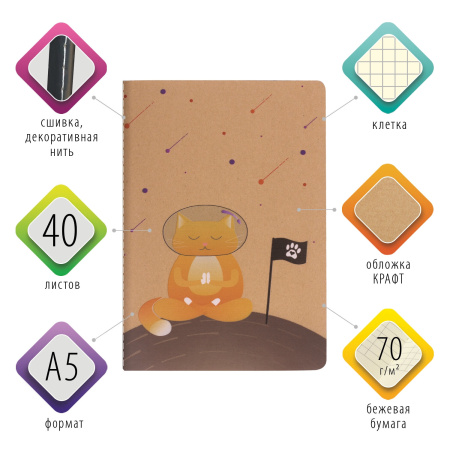 Тетрадь 40 л. в клетку обложка КРАФТ, бежевая бумага 70 г/м2, сшивка, А5 (147х210 мм), SPACE CAT, BRAUBERG, 403762 - Тетради 40-48 листов
