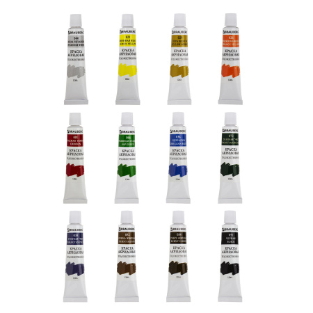Краски акриловые художественные BRAUBERG ART DEBUT, НАБОР 12 цветов по 12 мл, в тубах, 191125 - Акриловые краски художественные в наборах