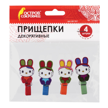 Прищепки декоративные "Зайчики", 4 штуки, 3,5 см, ассорти, ОСТРОВ СОКРОВИЩ, 661301 - Прищепки для творчества
