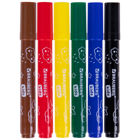 Фломастеры смываемые детские, противоударный наконечник, 6 цветов, BRAUBERG KIDS, ПВХ-упаковка с европодвесом, 152178 - Фломастеры классические