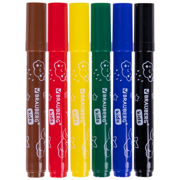 Фломастеры смываемые детские, противоударный наконечник, 6 цветов, BRAUBERG KIDS, ПВХ-упаковка с европодвесом, 152178 - Фломастеры классические