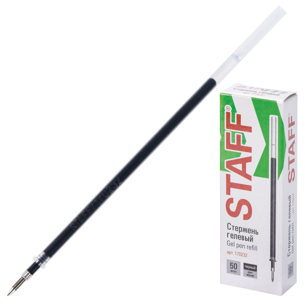 Стержень гелевый STAFF "Basic" GPR-232, 135 мм, ЧЕРНЫЙ, узел 0,5 мм, линия письма 0,35 мм, 170232 - Стержни для ручек гелевых