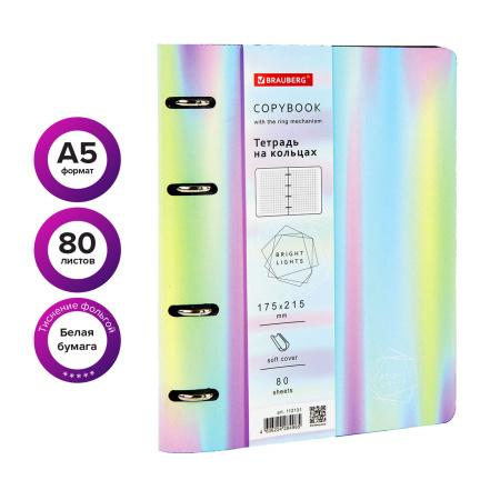 Тетрадь на кольцах А5 (180х220 мм), 80 листов, под кожу, клетка, тиснение фольгой, BRAUBERG VISTA, Gradient, 112131 - Тетради на кольцах и сменные блоки к ним