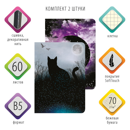 Тетради 60 л. в клетку обложка SoftTouch, НАБОР 2 шт., бежевая бумага 70 г/м2, сшивка, B5 (179х250 мм), COSMOS, BRAUBERG, 403821 - Тетради более 60 листов