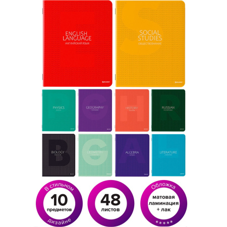 Тетради предметные, КОМПЛЕКТ 10 ПРЕДМЕТОВ, "COLOR", 48 листов, матовая ламинация, лак, BRAUBERG, 404029
