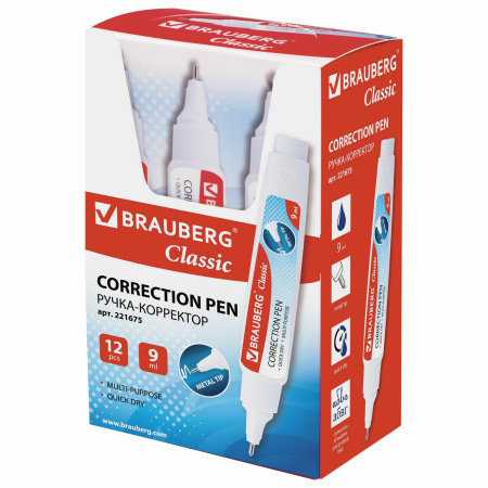 Ручка-корректор BRAUBERG, 9 мл, металлический наконечник, 221675 - Корректирующие ручки