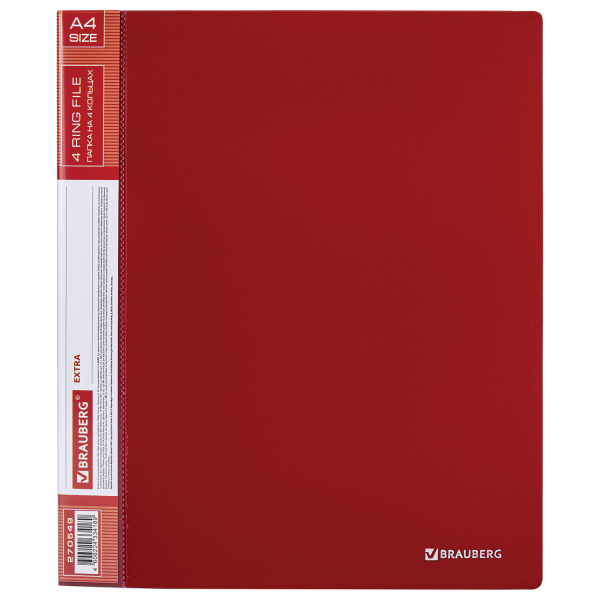 Папка на 4 кольцах, ширина 40 мм, BRAUBERG EXTRA, до 300 листов, КРАСНАЯ, 0,8 мм, 270549 - Папки на кольцах