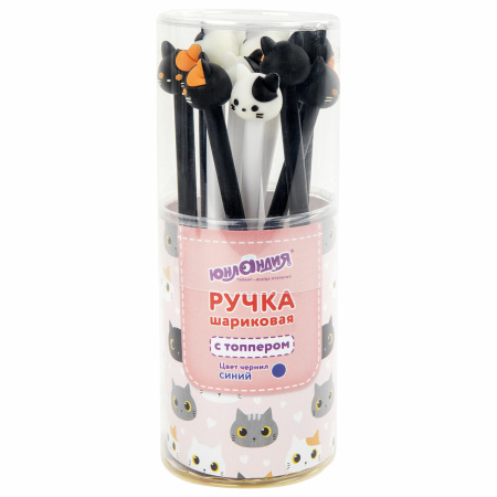 Ручка с топпером шариковая ЮНЛАНДИЯ "Кошка", корпус ассорти, СИНЯЯ, пишущий узел 0,7 мм, 143804 - Ручки фигурные