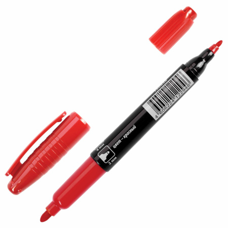 Маркер перманентный двусторонний BRAUBERG, КРАСНЫЙ, круглый наконечник 2/4 мм, 150838 - Маркеры перманентные