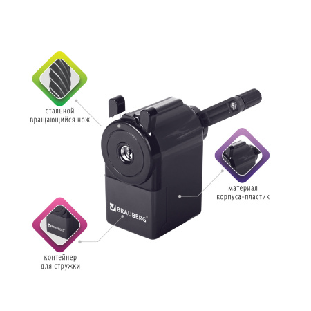 Точилка механическая BRAUBERG "JET", металлический механизм, корпус черный, 229566 - Точилки механические