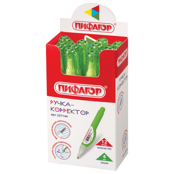 Ручка-корректор ПИФАГОР, 4 мл, металлический наконечник, 227144 - Корректирующие ручки
